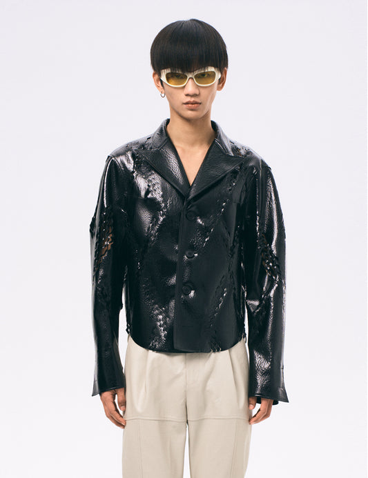 Xu Zhang Black Laser Cut Leather Jacket