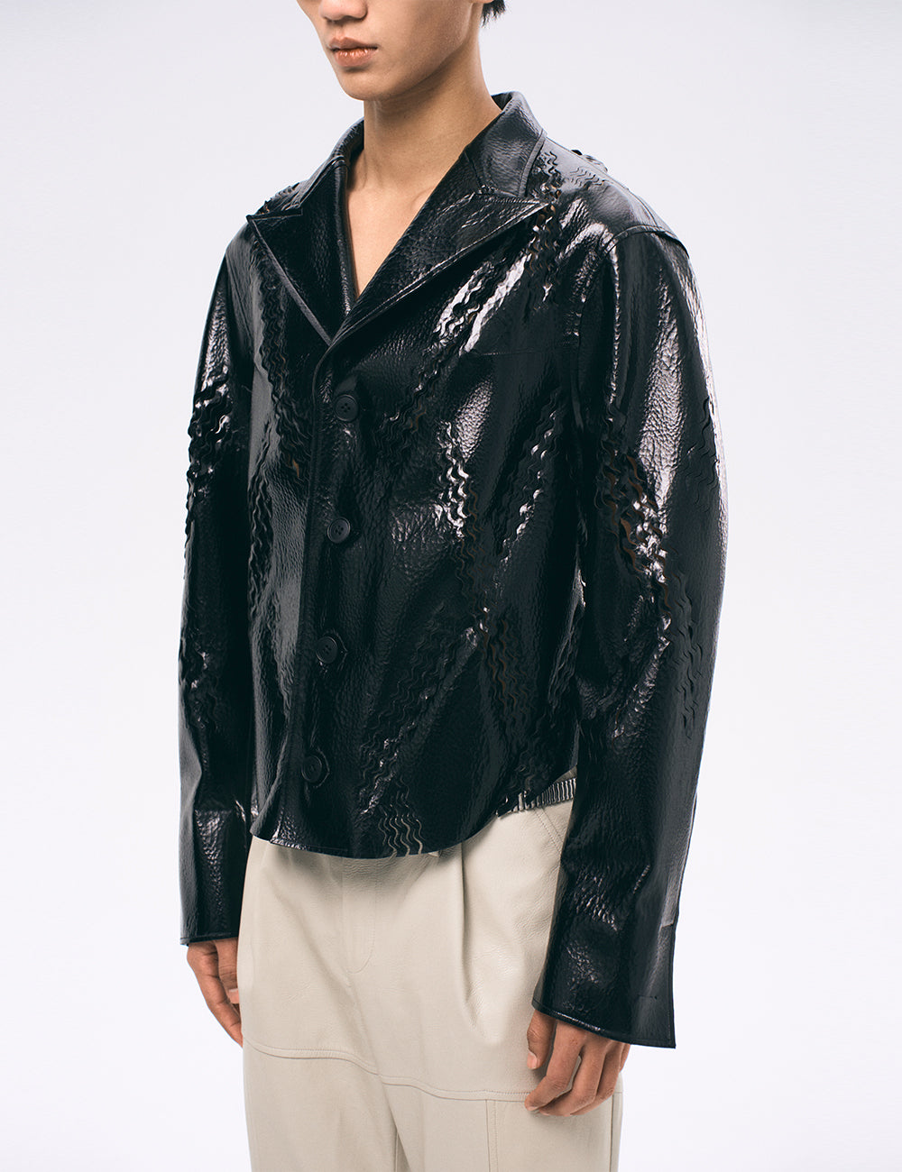 Xu Zhang Black Laser Cut Leather Jacket