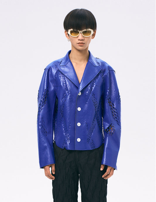 Xu Zhang Blue Laser Cut Leather Jacket