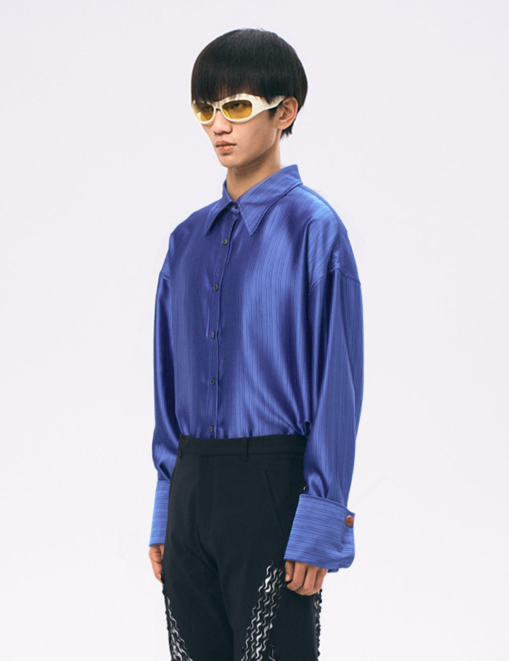 Xu Zhang Blue Stripe Shirt with Wax Cufflinks