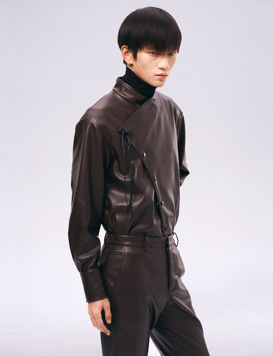 Xu Zhang Brown Vegan Leather Shirt