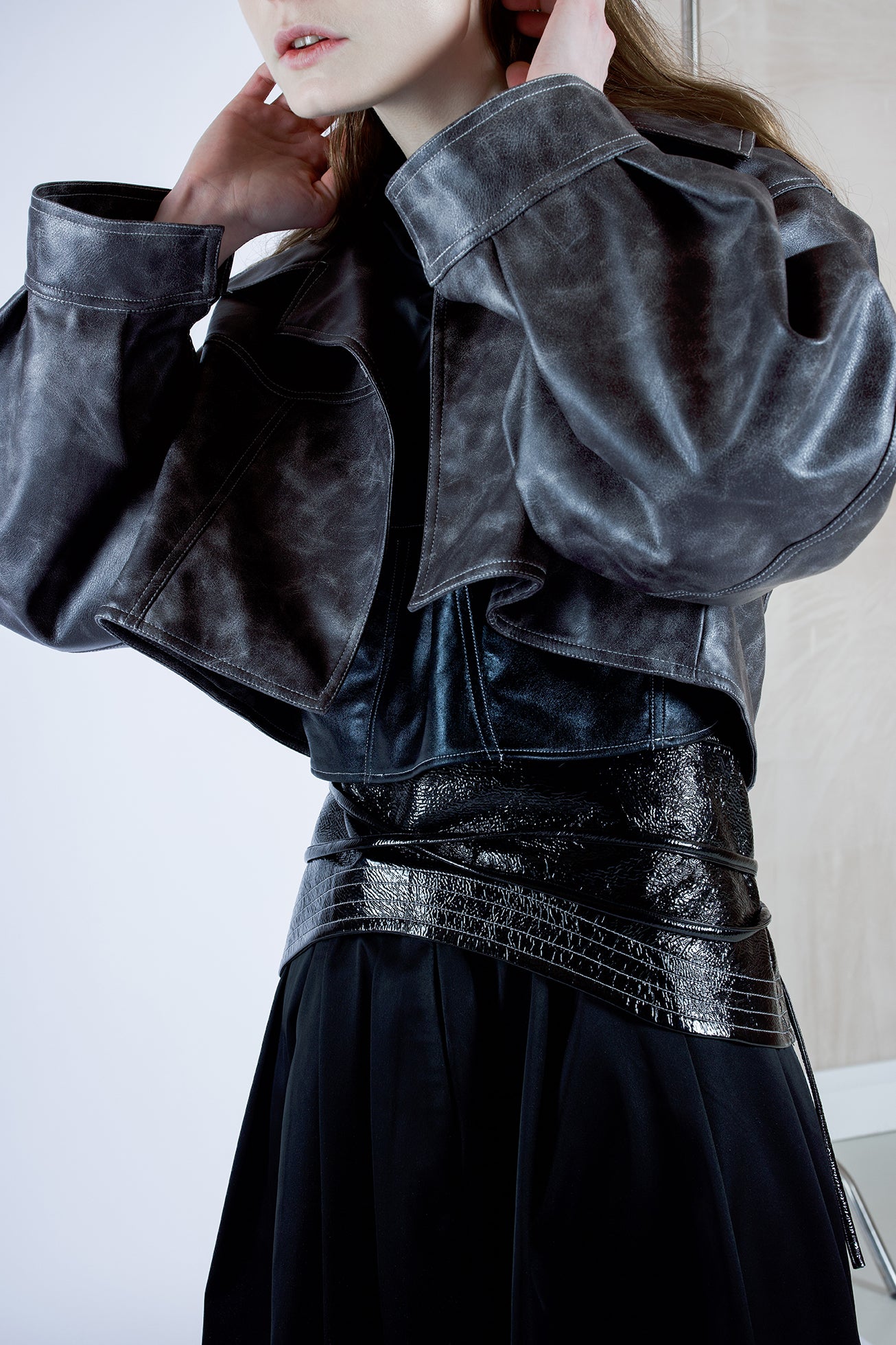 DANSHUU Charcoal Frosted Cropped Leather Jacket