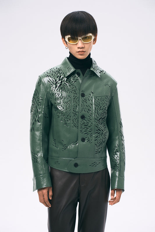 Xu Zhang Green Laser Cut Leather Jacket